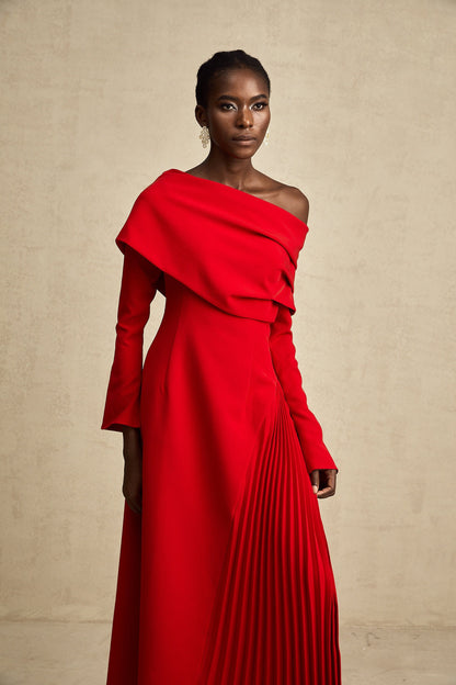 Cherry Red Off Shoulder Pleated Maxi Dress for Women - Serena