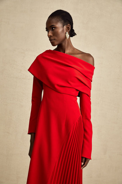 Cherry Red Off Shoulder Pleated Maxi Dress for Women - Serena