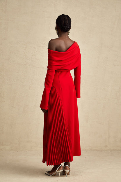 Cherry Red Off Shoulder Pleated Maxi Dress for Women - Serena