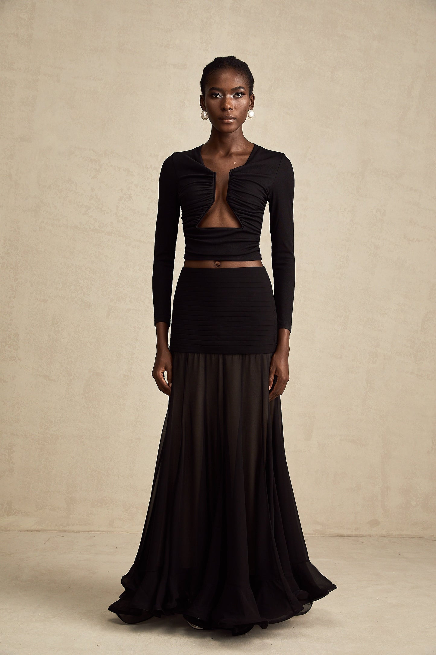 Black Ruched Crop Top with Open Front for Women - Gioia