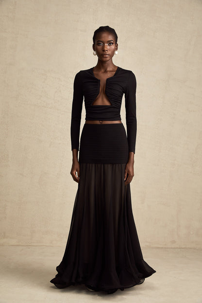 Black Ruched Crop Top with Open Front for Women - Gioia