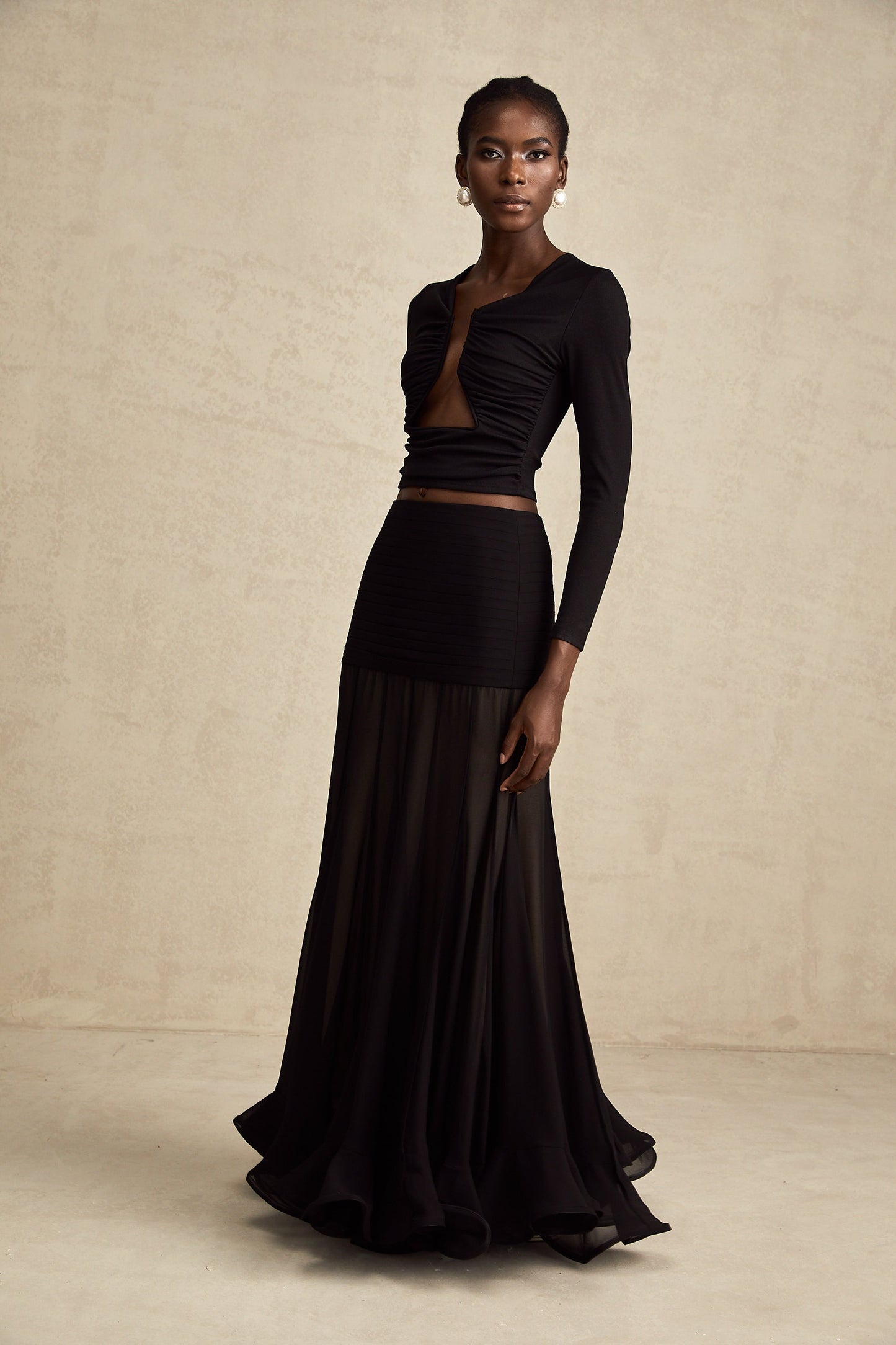 Black Ruched Crop Top with Open Front for Women - Gioia