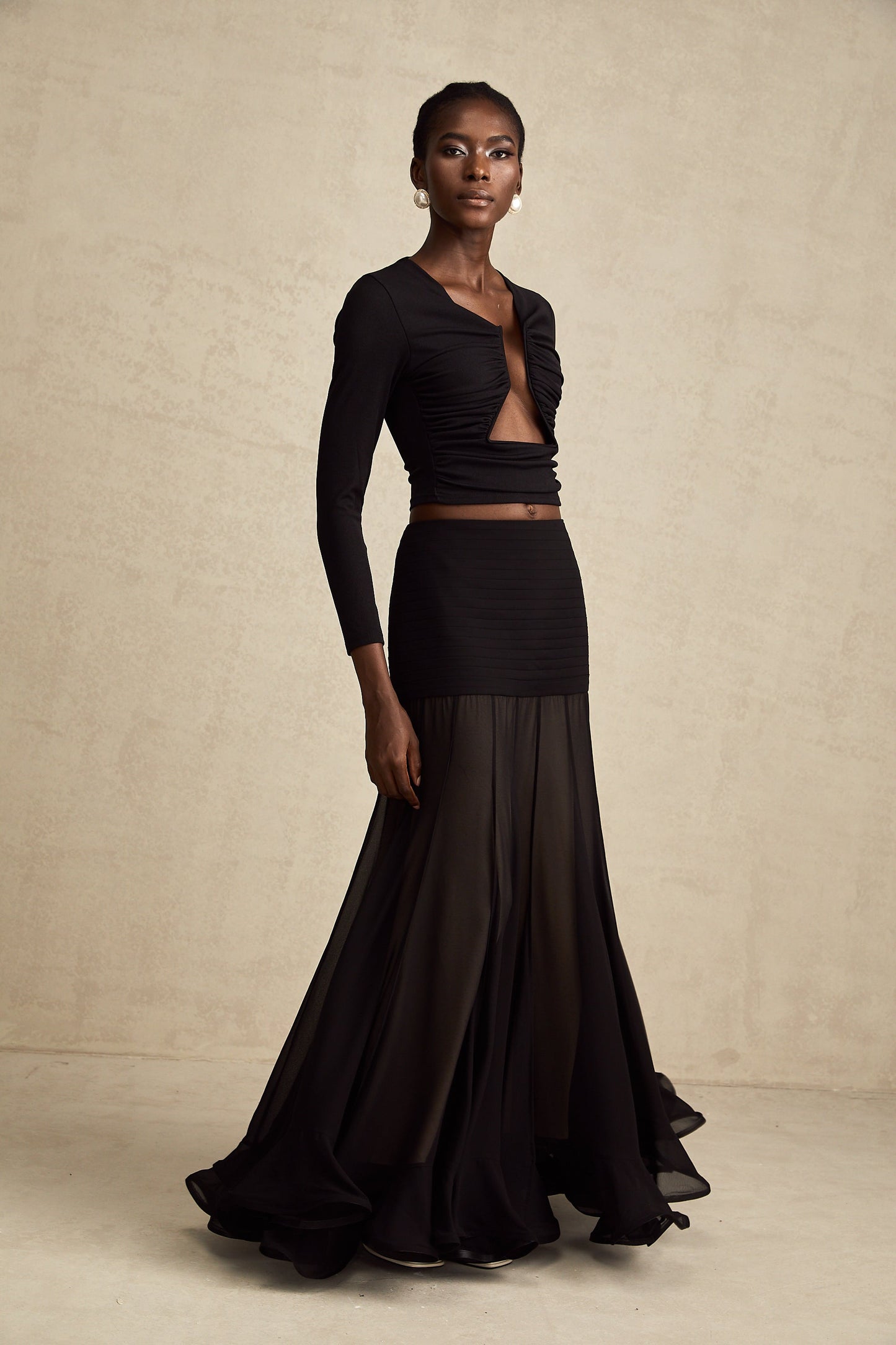 Black Ruched Crop Top with Open Front for Women - Gioia