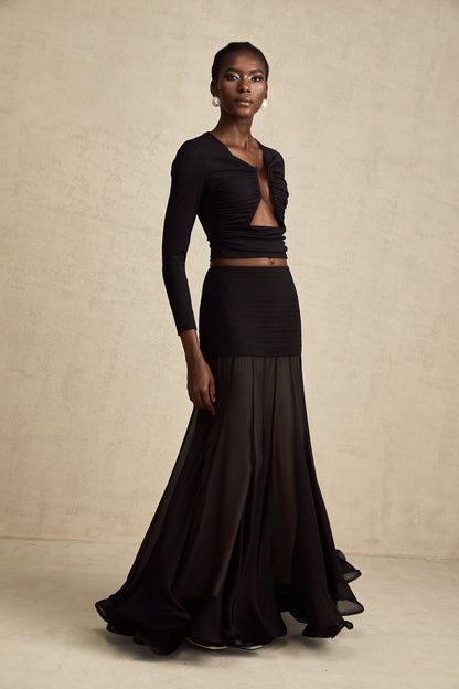 Black Ruched Crop Top with Open Front for Women - Gioia