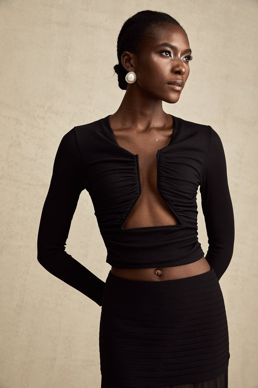 Black Ruched Crop Top with Open Front for Women - Gioia