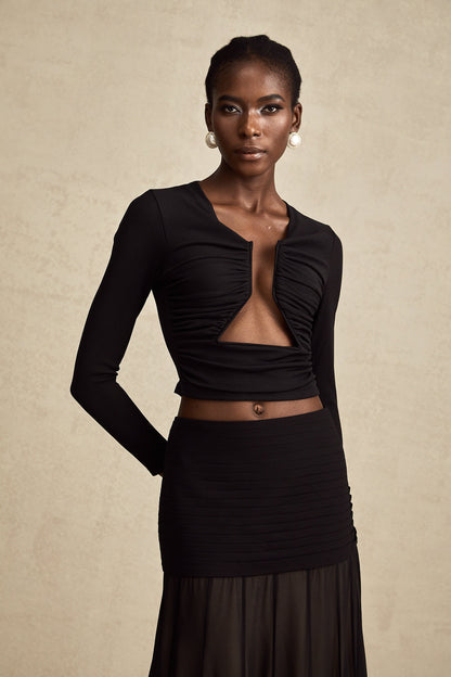 Black Ruched Crop Top with Open Front for Women - Gioia