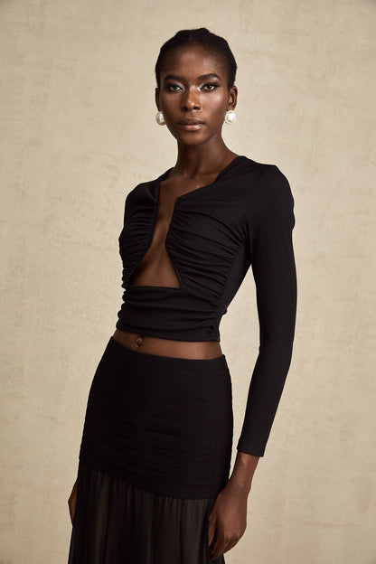 Black Ruched Crop Top with Open Front for Women - Gioia