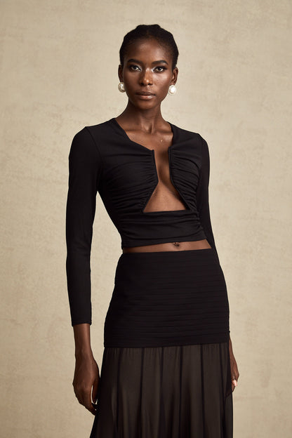 Black Ruched Crop Top with Open Front for Women - Gioia