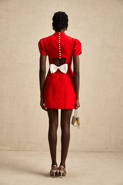 Cherry Red Mini Dress with Back Bow Detail for Women - Irene