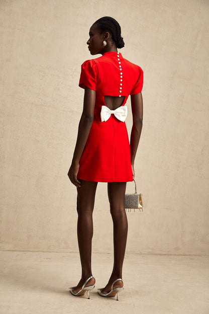 Cherry Red Mini Dress with Back Bow Detail for Women - Irene