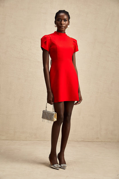 Cherry Red Mini Dress with Back Bow Detail for Women - Irene