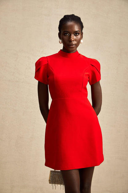 Cherry Red Mini Dress with Back Bow Detail for Women - Irene