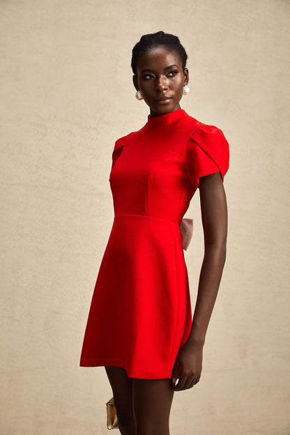 Cherry Red Mini Dress with Back Bow Detail for Women - Irene