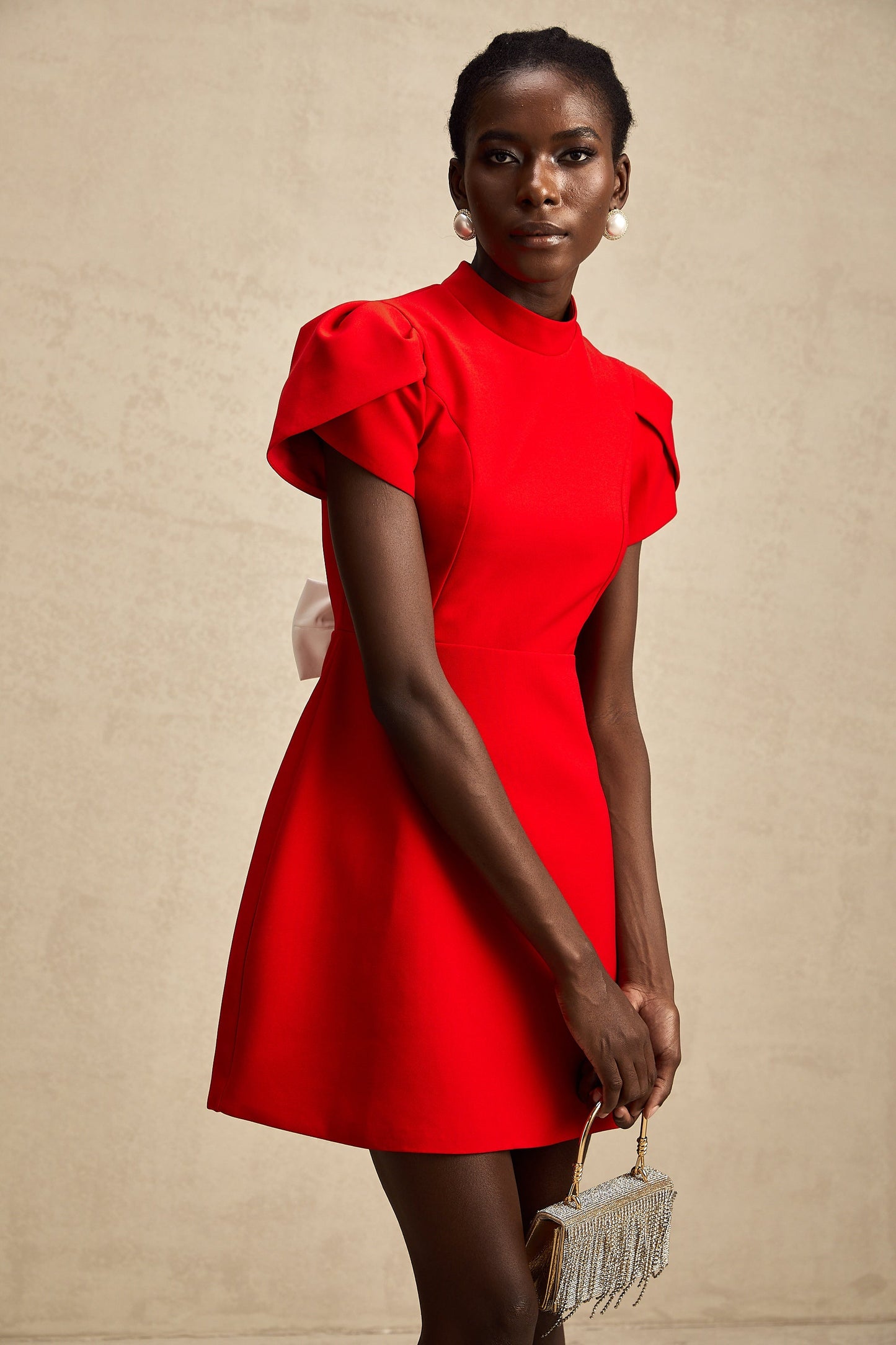 Cherry Red Mini Dress with Back Bow Detail for Women - Irene