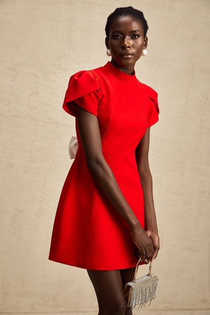 Cherry Red Mini Dress with Back Bow Detail for Women - Irene