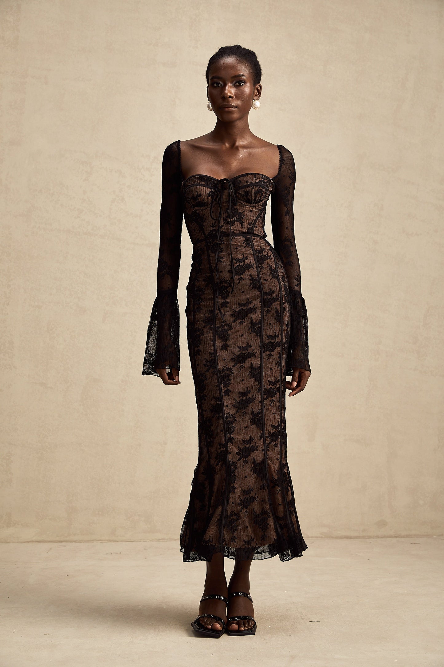 Black Lace Long Sleeve Maxi Dress with Tie Front for Women - Fiammetta