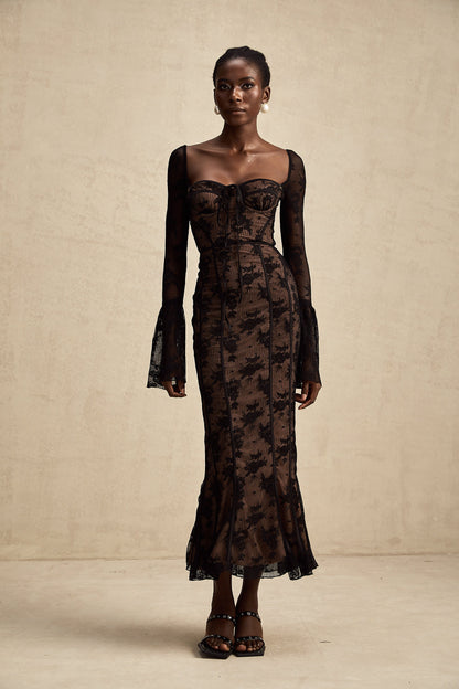 Black Lace Long Sleeve Maxi Dress with Tie Front for Women - Fiammetta