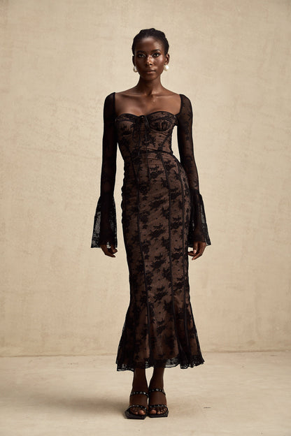 Black Lace Long Sleeve Maxi Dress with Tie Front for Women - Fiammetta