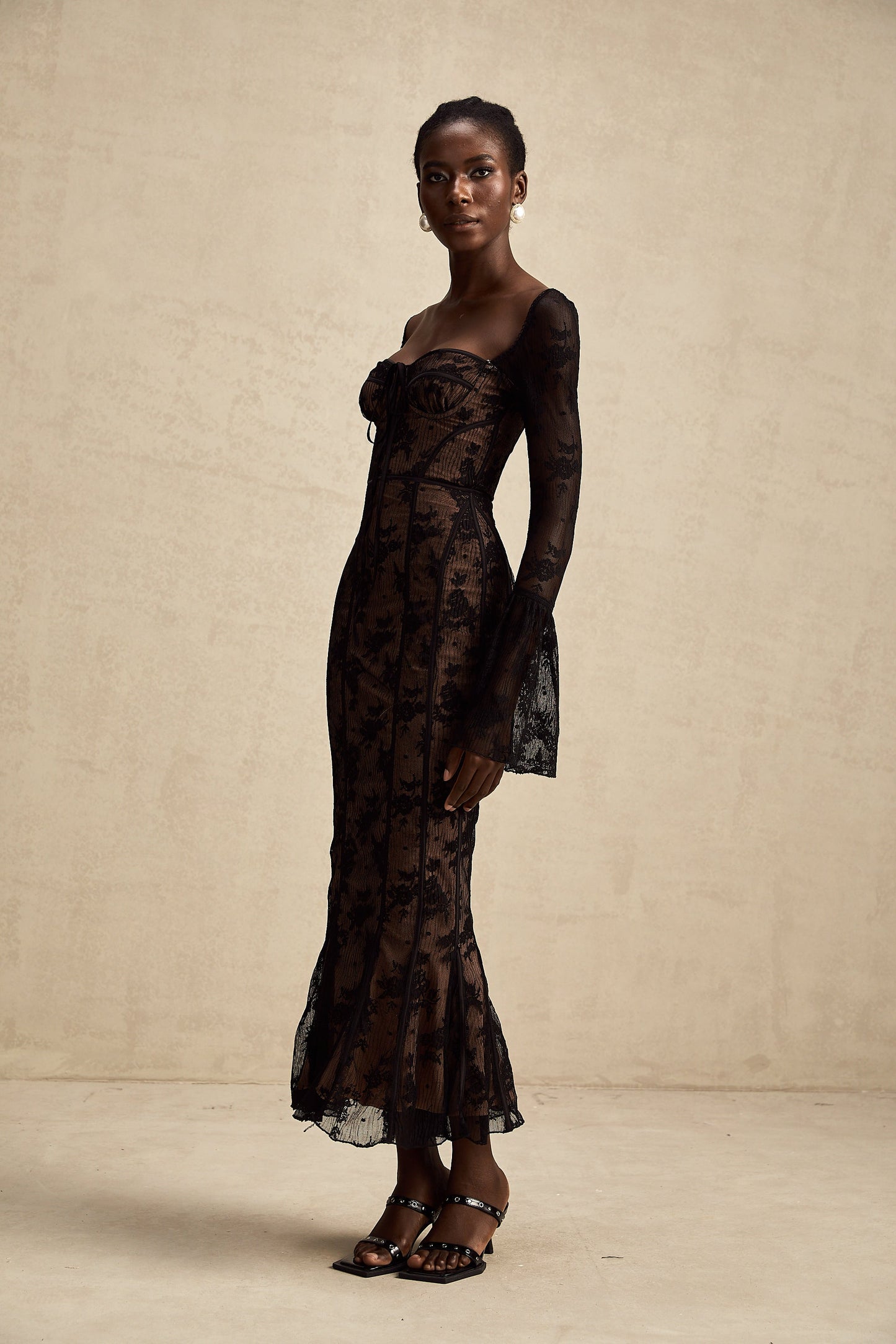 Black Lace Long Sleeve Maxi Dress with Tie Front for Women - Fiammetta