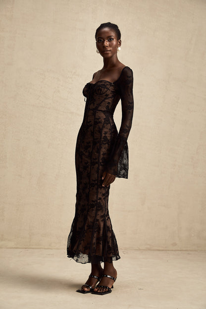 Black Lace Long Sleeve Maxi Dress with Tie Front for Women - Fiammetta