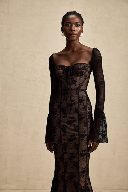 Black Lace Long Sleeve Maxi Dress with Tie Front for Women - Fiammetta