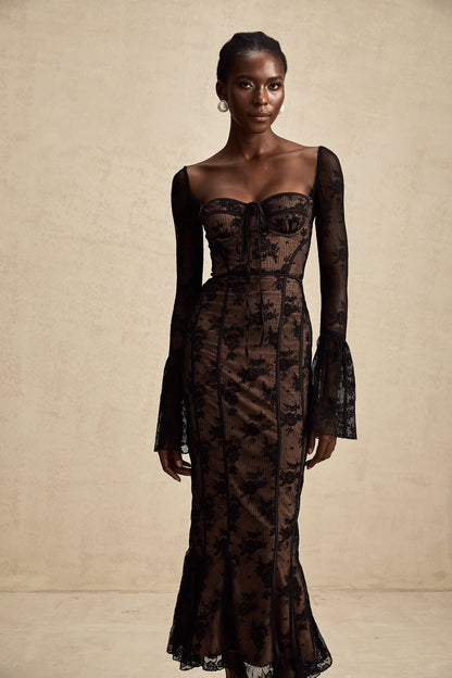Black Lace Long Sleeve Maxi Dress with Tie Front for Women - Fiammetta