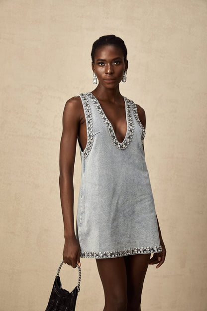 Light Blue Sleeveless Mini Dress with Rhinestone Trim for Women - Giusy