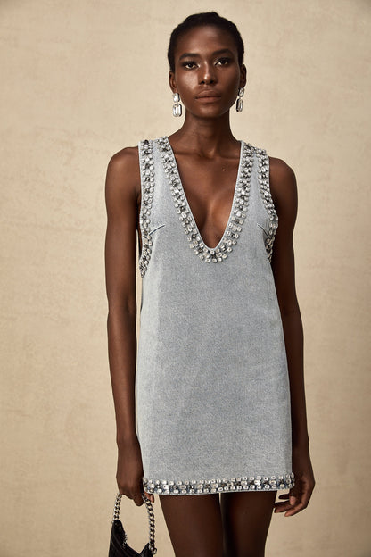 Light Blue Sleeveless Mini Dress with Rhinestone Trim for Women - Giusy