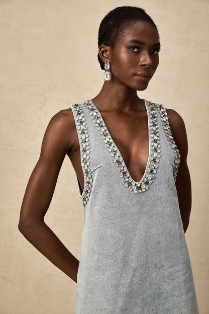 Light Blue Sleeveless Mini Dress with Rhinestone Trim for Women - Giusy