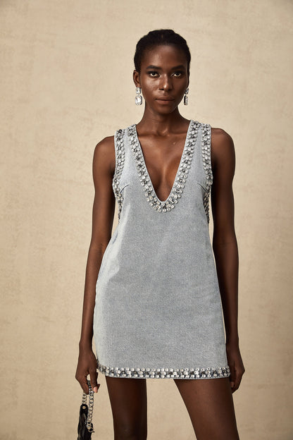 Light Blue Sleeveless Mini Dress with Rhinestone Trim for Women - Giusy