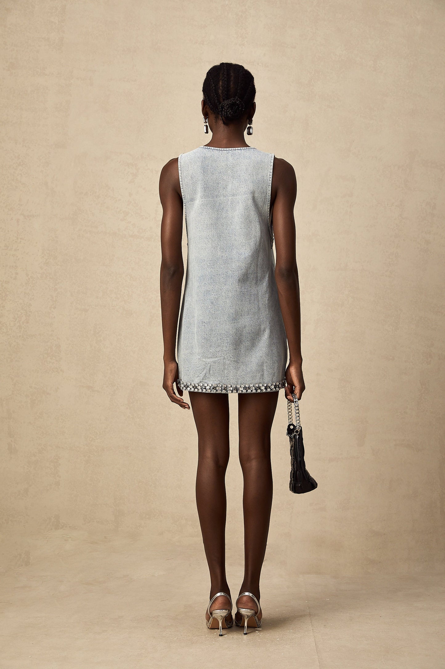 Light Blue Sleeveless Mini Dress with Rhinestone Trim for Women - Giusy