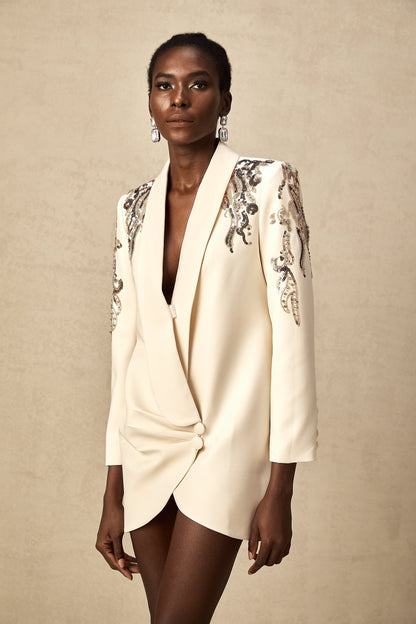 Ivory Embellished Blazer Mini Dress with Long Sleeves for Women - Teresa