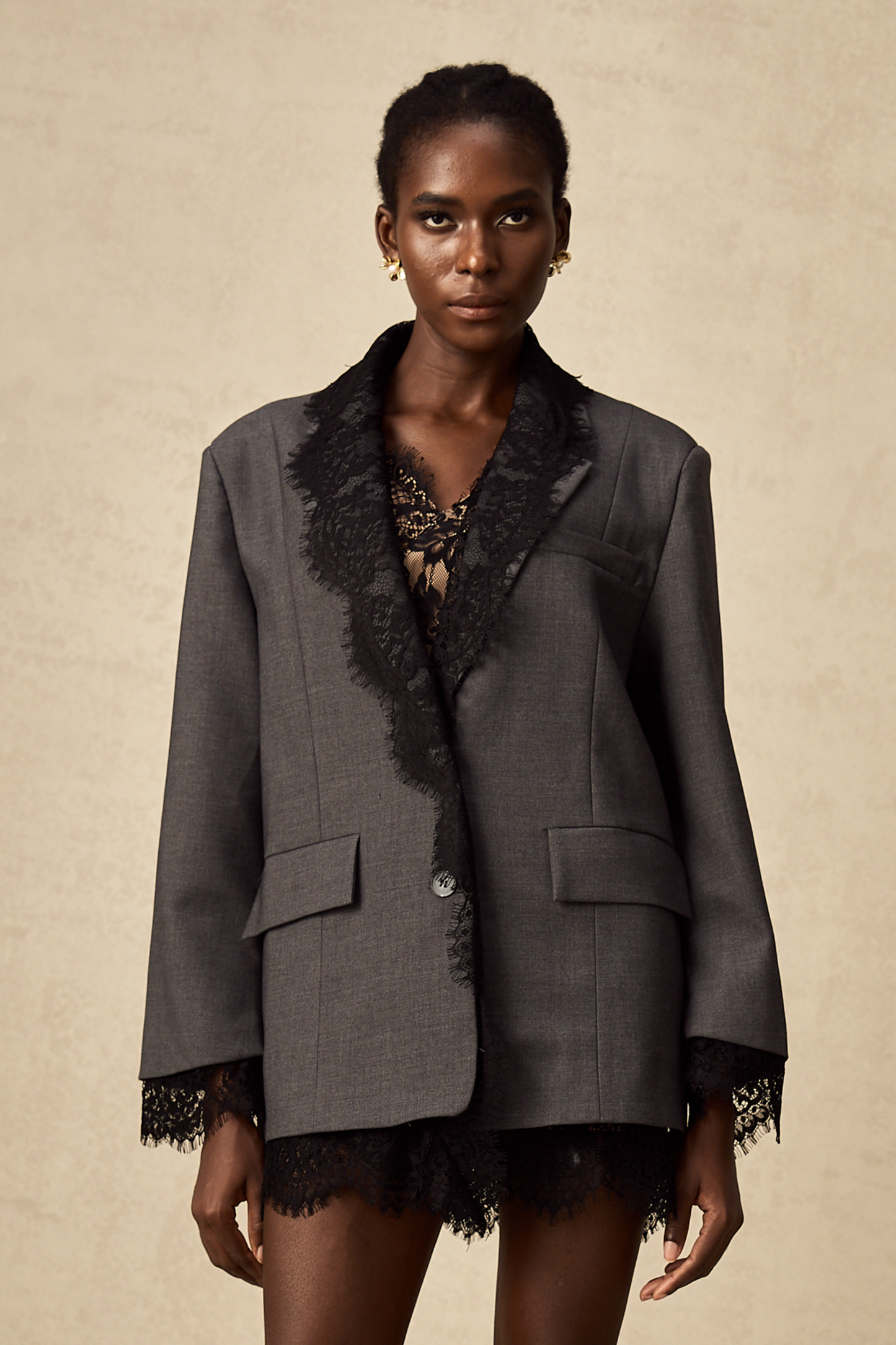 Charcoal Grey Lace Trim Blazer Jacket with Pockets for Women - Diana