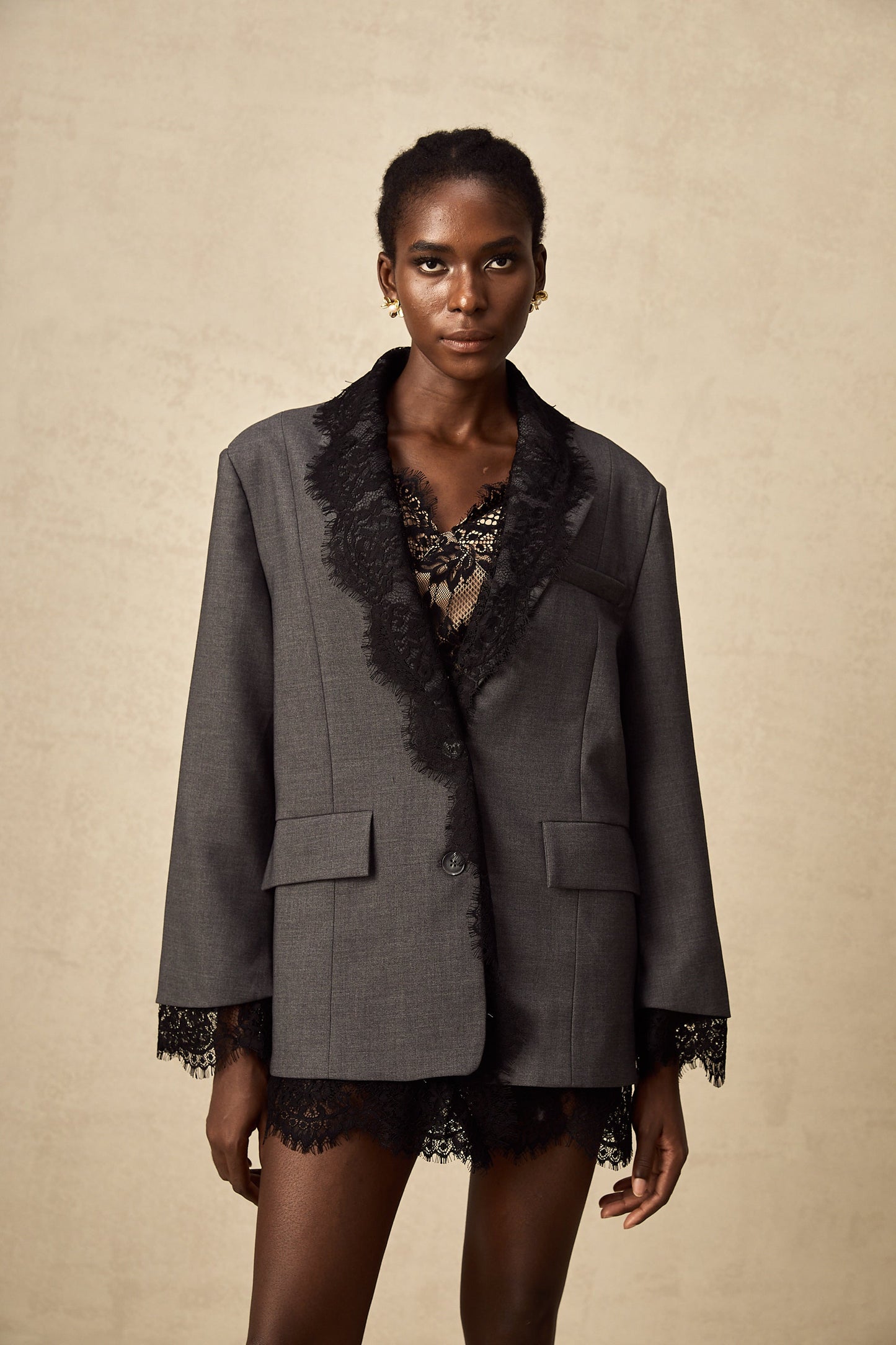 Charcoal Grey Lace Trim Blazer Jacket with Pockets for Women - Diana