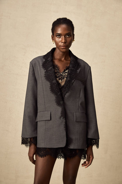 Charcoal Grey Lace Trim Blazer Jacket with Pockets for Women - Diana