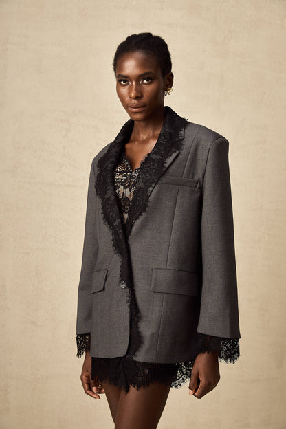 Charcoal Grey Lace Trim Blazer Jacket with Pockets for Women - Diana