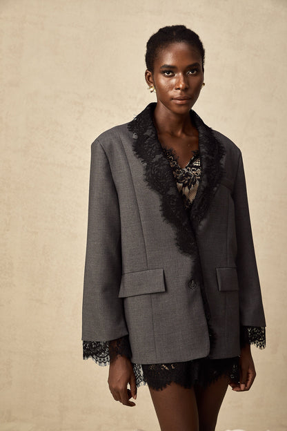 Charcoal Grey Lace Trim Blazer Jacket with Pockets for Women - Diana