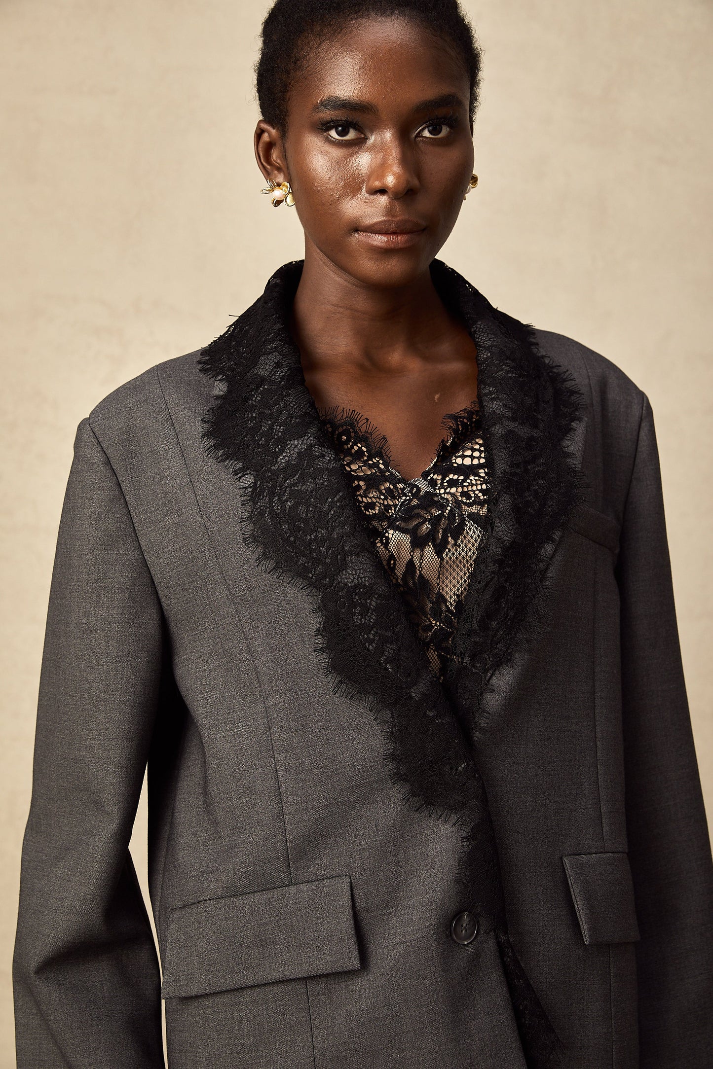 Charcoal Grey Lace Trim Blazer Jacket with Pockets for Women - Diana