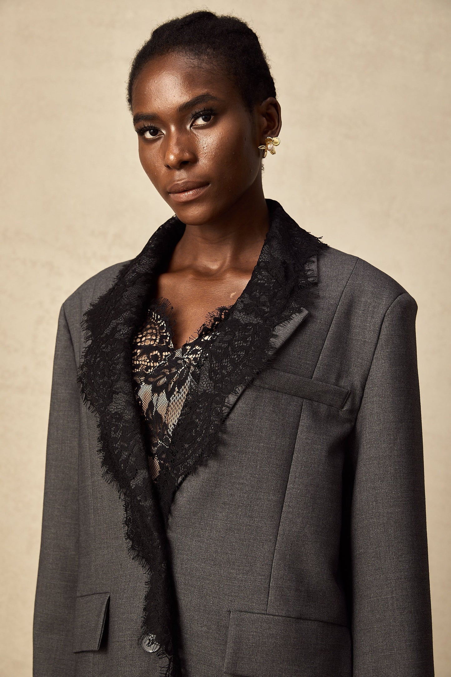 Charcoal Grey Lace Trim Blazer Jacket with Pockets for Women - Diana