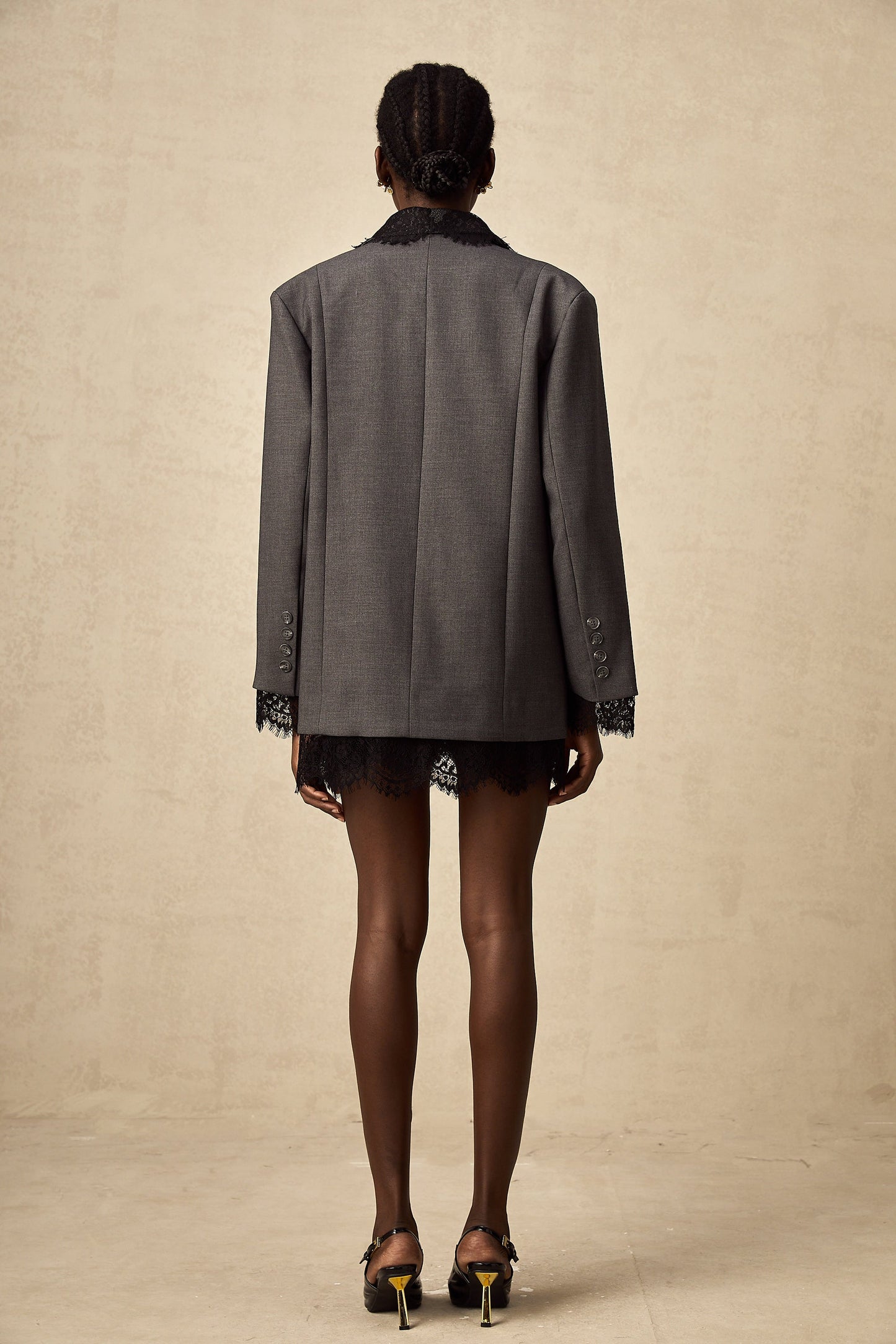 Charcoal Grey Lace Trim Blazer Jacket with Pockets for Women - Diana