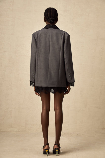 Charcoal Grey Lace Trim Blazer Jacket with Pockets for Women - Diana
