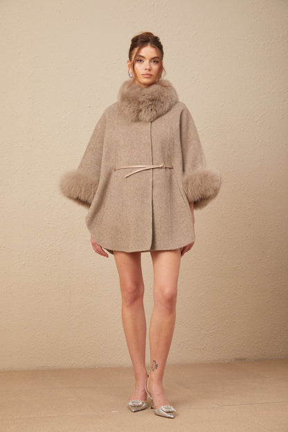 Beige Wool Coat with Faux Fur Collar for Women - Allegra