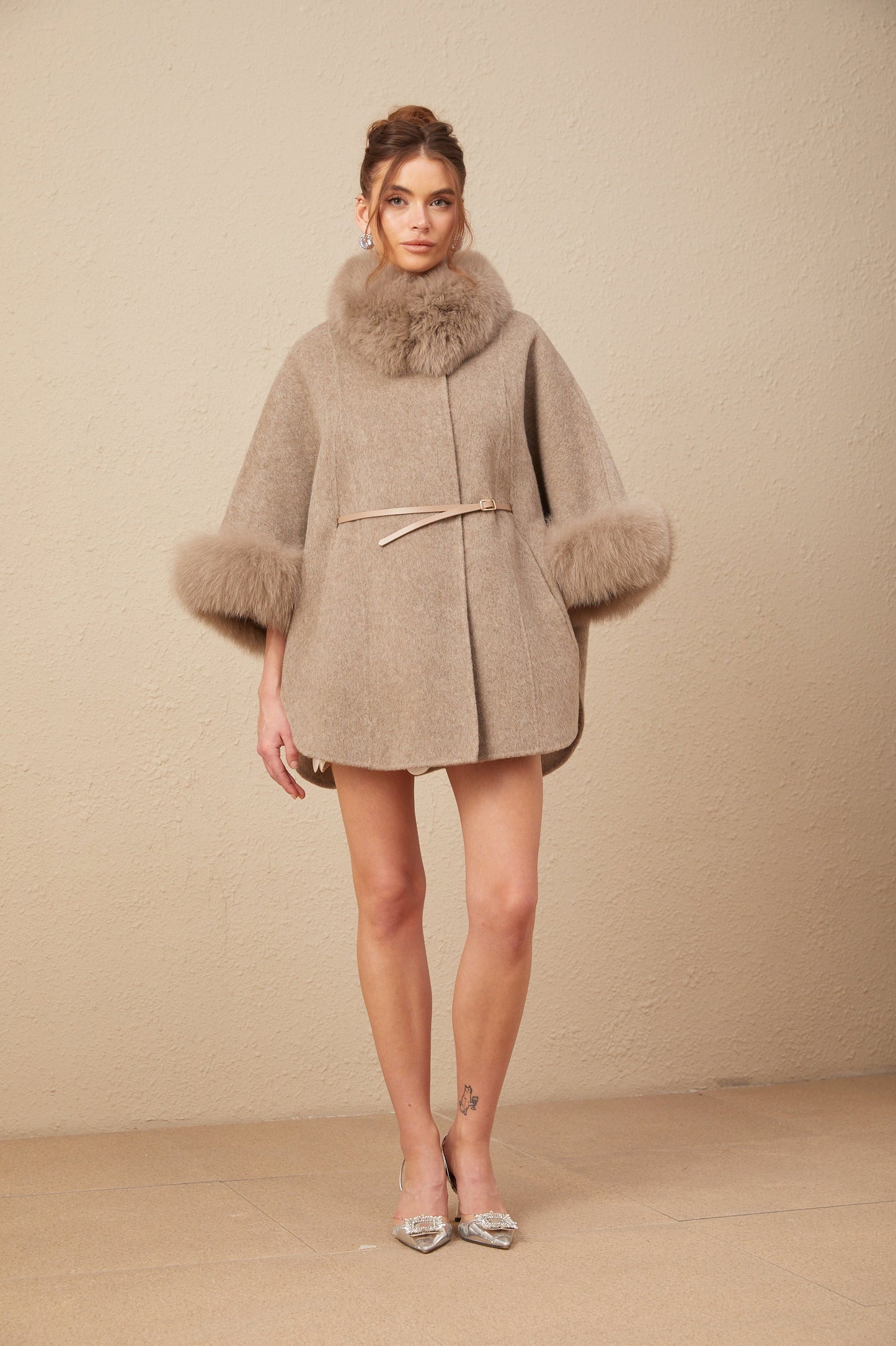 Beige Wool Coat with Faux Fur Collar for Women - Allegra