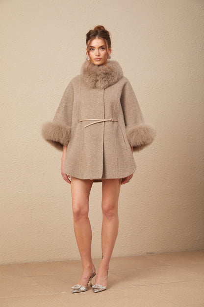 Beige Wool Coat with Faux Fur Collar for Women - Allegra