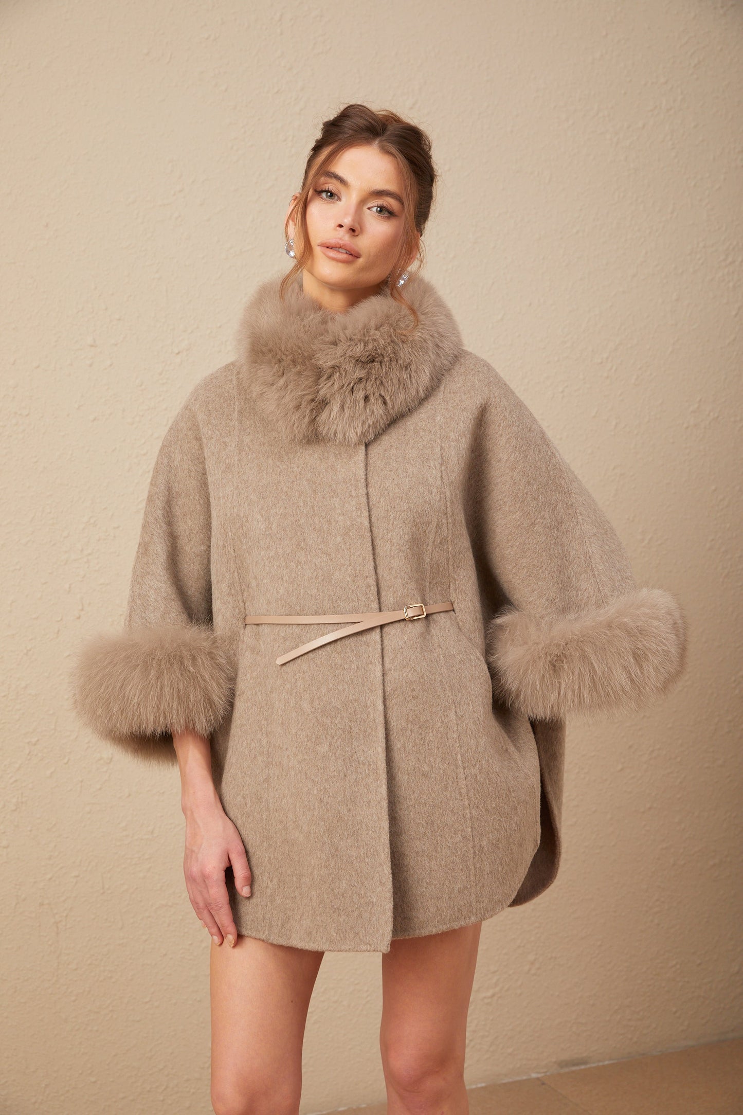 Beige Wool Coat with Faux Fur Collar for Women - Allegra