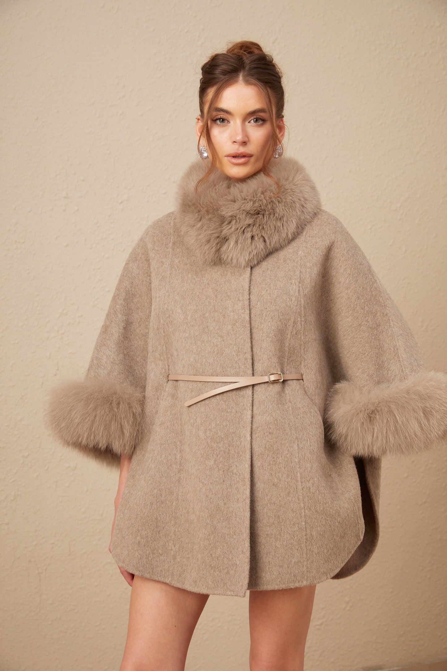 Beige Wool Coat with Faux Fur Collar for Women - Allegra