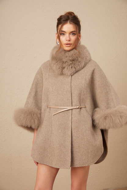 Beige Wool Coat with Faux Fur Collar for Women - Allegra