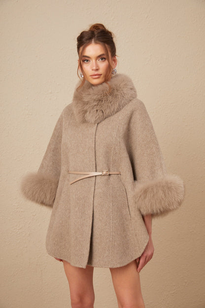 Beige Wool Coat with Faux Fur Collar for Women - Allegra