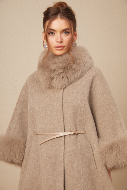 Beige Wool Coat with Faux Fur Collar for Women - Allegra