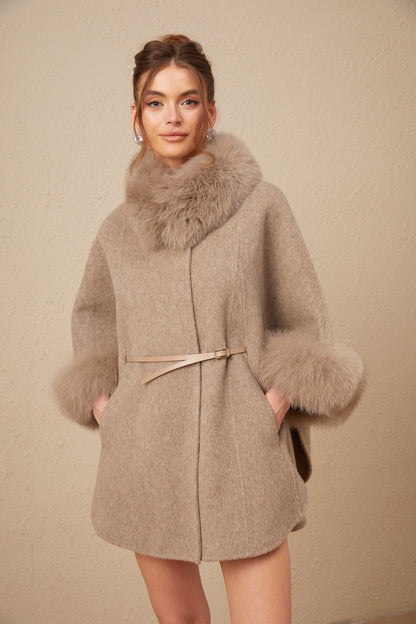 Beige Wool Coat with Faux Fur Collar for Women - Allegra